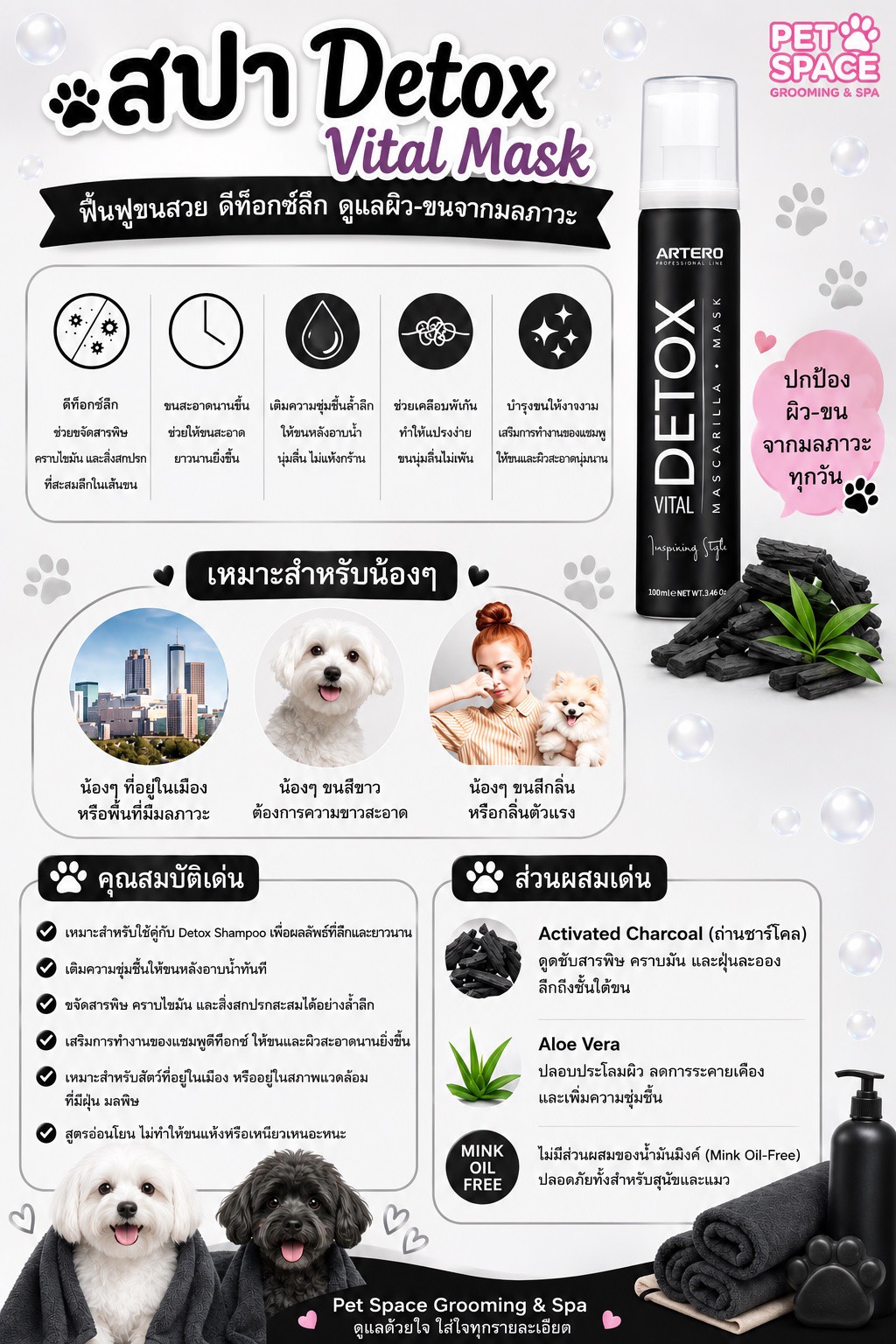 สปา ARTERO Detox Vital Mask ดีท็อกซ์ขนสุนัขแมว activated charcoal Pet Space บางพลี